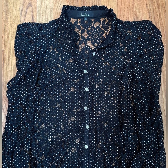Lulu's Respect Black and White Lace Button-Up Polka Dot Top Size Xs - Picture 1 of 6